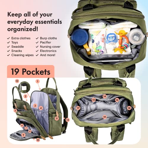 Image of Dikaslon Diaper Bag Backpack with Portable Changing Pad, Pacifier Case and Stroller Straps, Large Unisex Baby Bags for Boys Girls, Multipurpose Travel Back Pack Moms Dads, Green