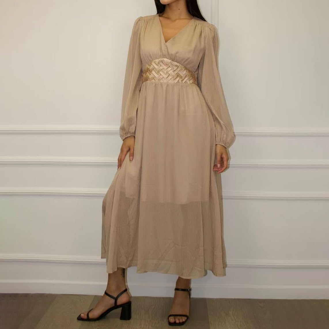 Vestido de noche para mujer, elegante, para bodas, mangas de farol, vestido de baile, línea A, vestido de invitado de boda, cuello en V, vestido maxi, vestido de fiesta, vestido de graduación, vestido