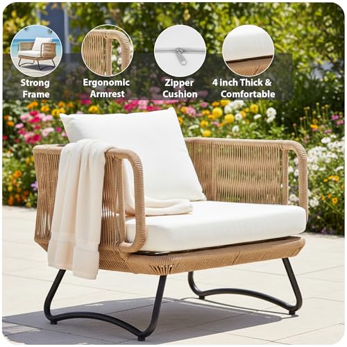 Image of Amazon Brand - Solimo Harbor Outdoor Rope Sofa Set | Balcony Sofa | Patio Conversation Sets | Braided Rope Garden Sofa Set and Ottoman (7 Seater - Beige)