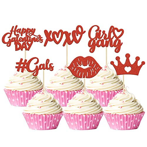 Gyufise 24 Pack Galentine's Day Cake Decorations Red Glitter Happy Galentines Day Cupcake Toppers for Galentine's Day Decoration Friends Galentines Party Decor Valentines Day Party Decorations