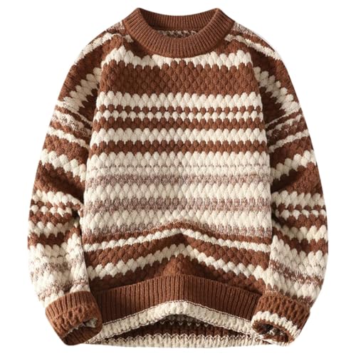 Men's Loose Pullover Slim Fit Knitted Sweater Thick Warm Retro Style Stripe Sweaters