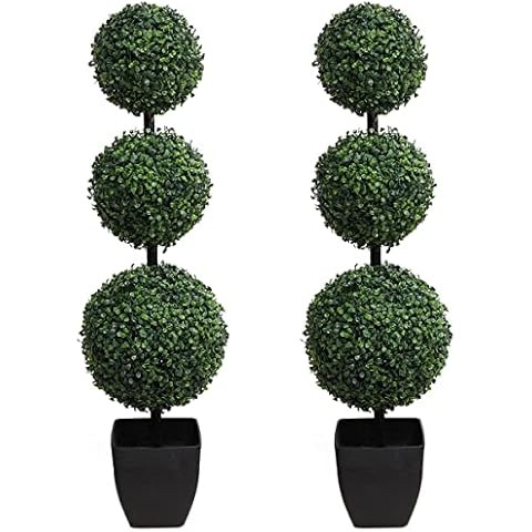 momoplant Artificial Topiary Ball Tree Outdoor, 3.3ft Fake Topiaries Triple Ball Boxwood Trees(2 Pieces), Faux Shrubs Plants Potted Green Decorative Indoor Porch or Garden(40inch) Cover