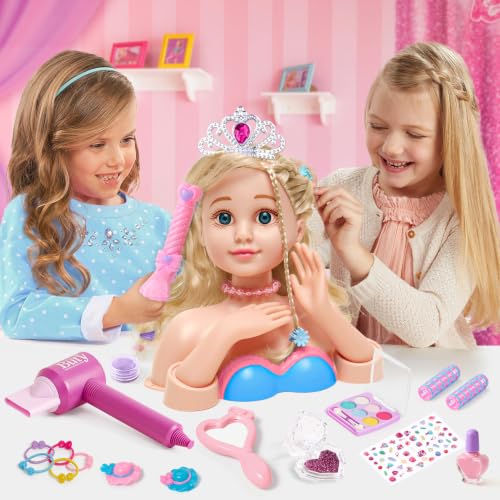 Golray Hair Styling Doll Head Makeup Kit Nail Art Girls Toys,Hair Salon Toy/ Real Cosmetics Nail Polish,Hairdryer Curling Iron Stylist Play Toy Princess Girl Birthday Gifts 3 4 5 6 7 8+ Years Old by Golray - Image 5