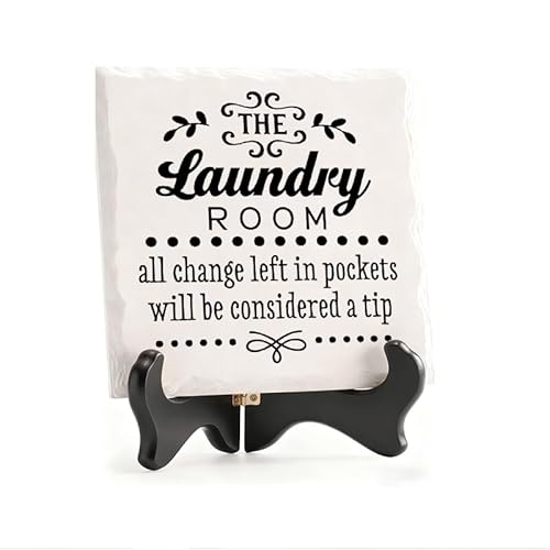 Ceramic decorative The laundry room all change left in pockets ceramic desktop ornament with wooden stand. Suitable for office desks, tables, and bookshelves 5.9x5.9inch
