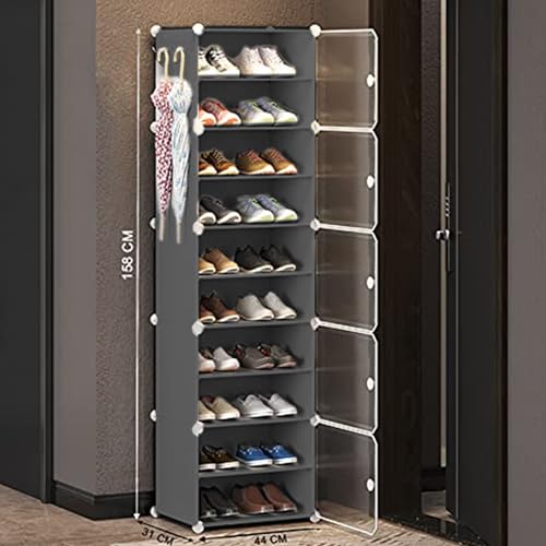 Image of Zemic DIY Portable Shoe Rack for Home Plastic Shelves Household, Shelf Shoe Rack with Dustproof Door for Heels /Slippers /Boots for Entryway or Bedroom (Grey, 10-Shelf-5-Door)
