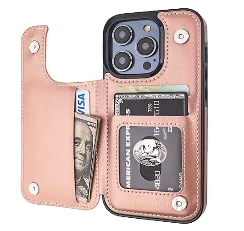 Capa Carteira de Couro Sintético Para iPhone 14 Pro - Tela 6.1 (Rosé Gold)