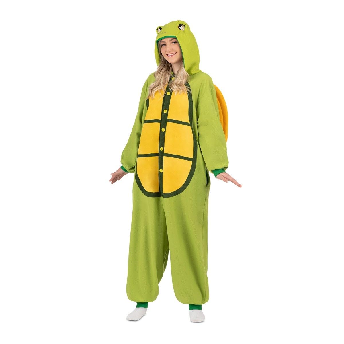My Other Me - Disfraz Pijama Tortuga Adulto unisex. Incluye kigurumi verde y amarillo con cierre de botones frontales, capucha, bolsillos, caparazón acolchado y cola.