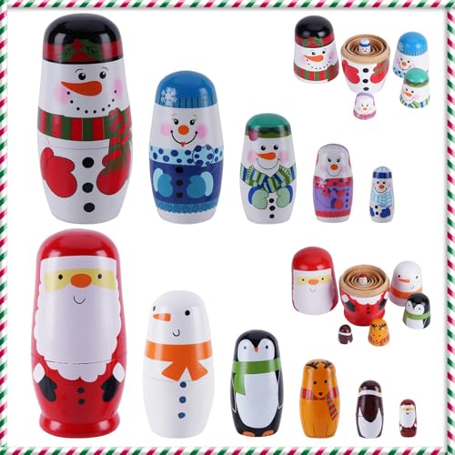 Tngan Chirstmas Russian Nesting Dolls 2 Pack Wooden Handmade Nested Set Matryoshka Dolls Russian Stacking Dolls Toys for Kids Toddlers Happy Chirstmas Home Decoration Gift(Santa Snowman)