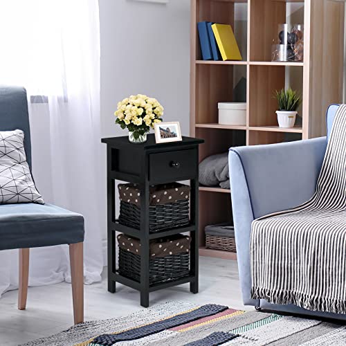 GIANTEX Nachttisch Nachtschrank, Nachtkommode mit Schublade & 2 Körben, Korbkommode Antik, Nachtkonsole Korbregal Massivholz, Beistellschrank Beistelltisch für Schlafzimmer (Schwarz)