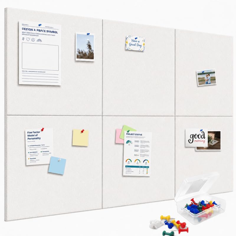 Image of QUIET CANVAS Acoustic Wall Square Pinboard, 1x1ft, Pack 6, 50PushPins White