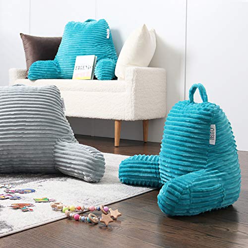 Nestl Cut Plush Striped Reading Pillow For Kids & Teens, Small Back Pillow, Back Support Pillow, Shredded Memory Foam Bed Rest Pillow With Arms, Teal #TOP6