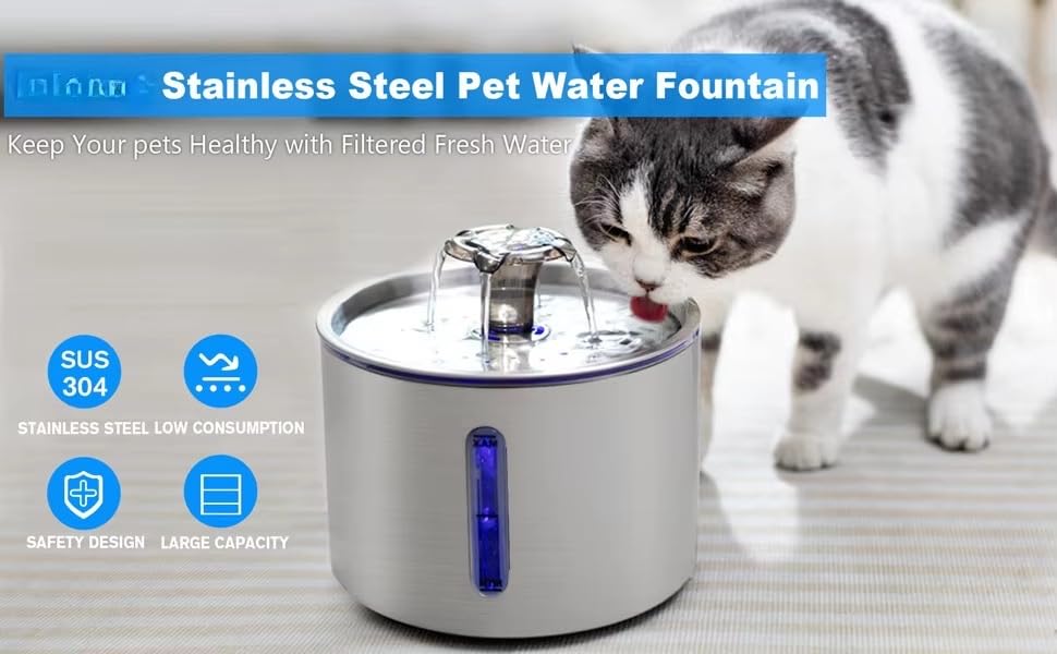 Automatic Stainless Steel Cat Water Fountain 84oz 2.5L with LED Water Level Indicator and Auto Power-Off - image 3