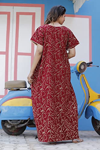 Image of DIAMO Pure Cotton Embroidery Nighty for Women, Cotton Night Gown, Night Maxi Gown, Cotton Nighty with a Pocket and Adjustable Knot