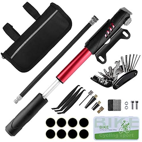 Bike Tool Kit, Bicycle Puncture Repair Kit with 16 in 1 Bike Multifunction Tool, Tire Levers, Air Valve, Patch Kit, Bike Accessories Cycle Repair Kit with Pump and Saddle Bag, Tools for Men Gifts Cover