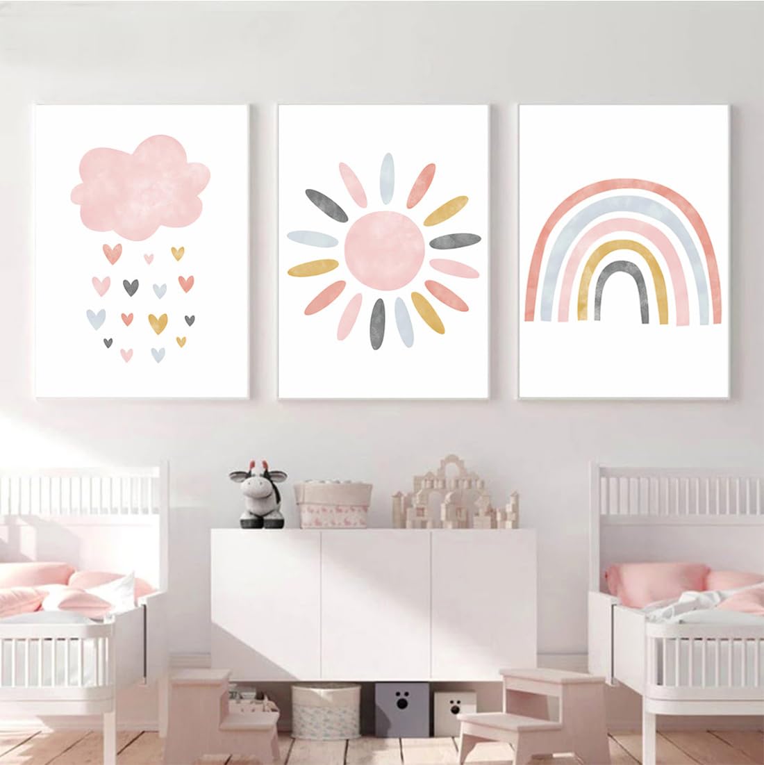 Set di 3 Quadri Tela 21x30cm, Poster Arcobaleno Nuvole Sole per Cameretta dei Bambini, Stampe Senza Cornice Stile Boho per Decorazione Parete