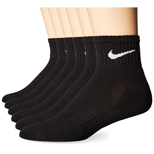 NIKE Unisex Performance Cushion Quarter Socks with Bag (6 Pairs), Black/White, Large