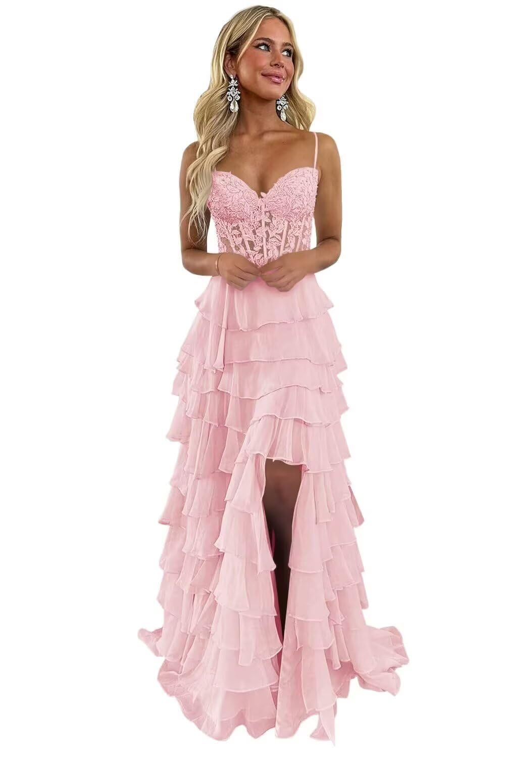 Women's Lace Appliques Tiered Prom Dresses for Formal Wedding Spaghetti Strap Corset Chiffon Evening Dress with Slit