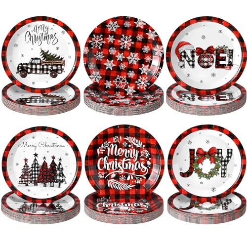 Image of Fourluoo 96 Pcs Christmas Paper Plates Disposable 7 Inch Black and Red Buffalo Plaid Dinner Plates for Xmas Birthday Party Table Decoration Supplies