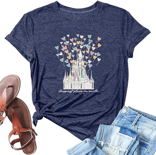 Magical Castle Shirts Women Magic Kingdom T Shirt Castle Flower Graphic Short Sleeve Tops Holiday Tee