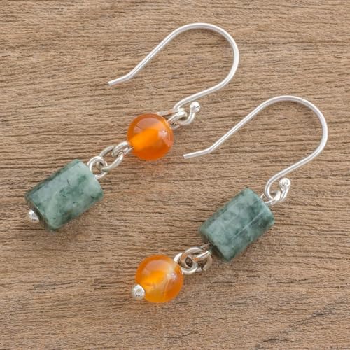 NOVICA Artisan Jade and Carnelian Dangle Earrings from Guatemala Sterling Silver Gemstone Birthstone [1.6 in L x 0.2 in W x 0.2 in D] ' Sunny Viridian'3