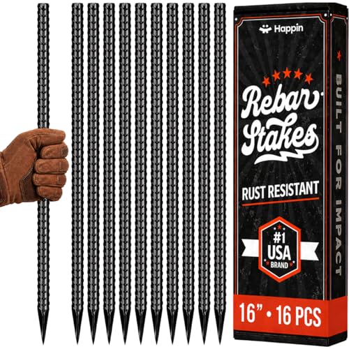 Happin® 16 Inch Rebar Stakes, Straight Garden Stakes Heavy Duty Galvanized Metal Stakes, Landscape Timber, Concrete Form, Tree & Plant Support, Yard Stakes, Ground Anchors (I Shape – 16 Pack)
