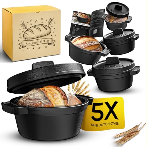 GUSSKÖNIG Mini Gusseisen Brotbackform Set – 5x 300ml Brotbacktopf mit Deckel – Eingebrannte Mini Dutch Oven zum Brotbacken – Kleine Gusseisentöpfe für Mini-Brote inkl. Rezeptbuch