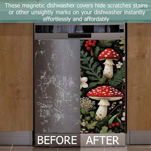 Image of Red Mushrooms Dishwasher Covers for The Front Magnetic,Forest Berries Leaves Refrigerator Magnets Decoration,Reusable Dishwasher Cover Panel for Home Kitchen Decor 23x26 Inch