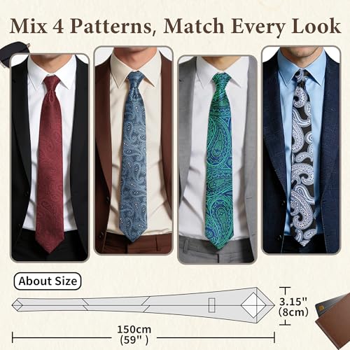FIXSMITH Black Paisley Ties for Men Set, 4 Pack Neckties for Men, Burgundy, Navy Blue, Green Paisley Tie for Men, Mens Formal and Casual Ties for Wedding, Business, Graduation& Party - Thumbnail 2
