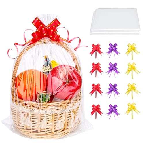 Geschenkfolie Transparent Cellophantüten Groß, 12 Stück extra großes durchsichtiges Geschenkpapier für Präsentkörbe, durchsichtige Plastiktüten mit 12 Schleifen, Zellophantüten für Urlaubsgeschenke