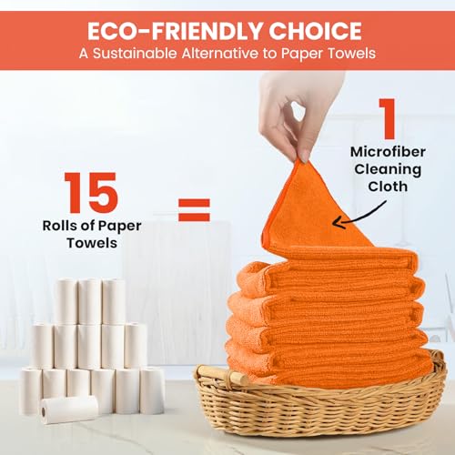 Image of SIFANGKE Microfiber Cleaning Cloth, 12 Pack Orange Cleaning Rags for Housekeeping, Reusable Microfiber Towels for Car, Kitchen, Bathroom and Household Cleaning Supplies, 11.8 inchX11.8 inch
