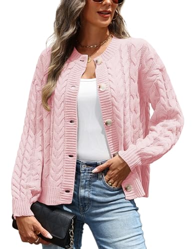 VIMPUNEC Fall Cardigan Sweaters for Women Casual Cable Knit Button Down Jackets Long Sleeve Open Front Outwear Coats Pink L