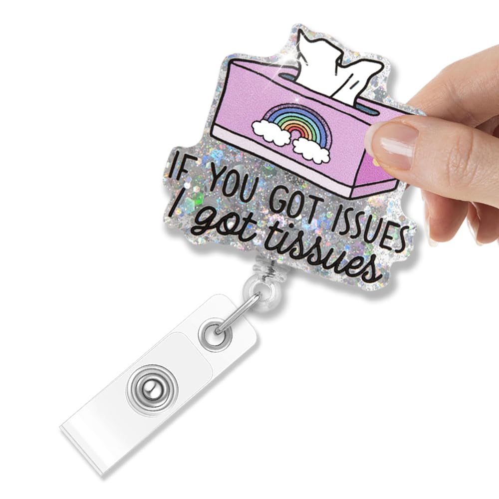 Msticey If You Got Issues I Got Tissues Glitter Retractable Badge Holder, Funny Paper Rainbow ID Card Badge Reel Gifts for RN ER CNA Nurse Doctor