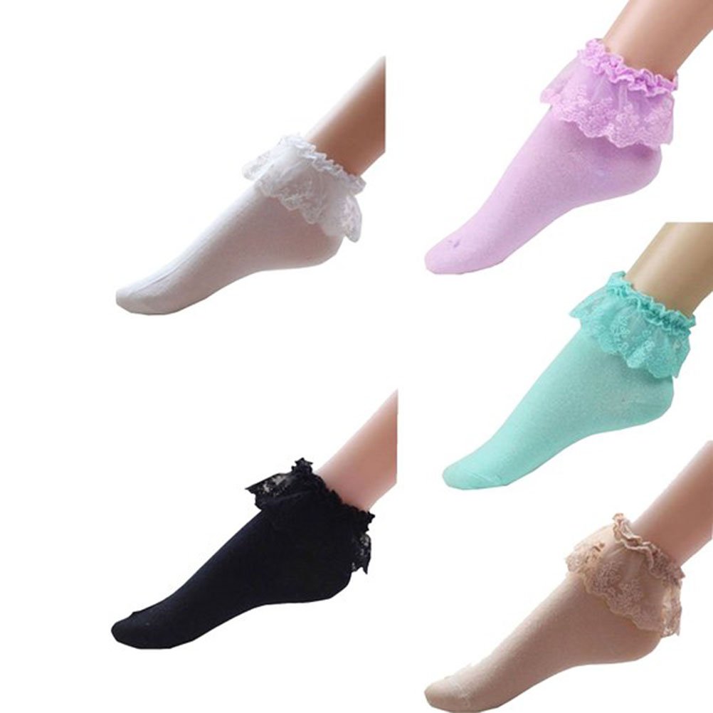 Kesyoo Women's As Shown,White 5 Pairs Of Vintage Lace Cotton Ruffle Frilly Ankle Socks Socks Supplies