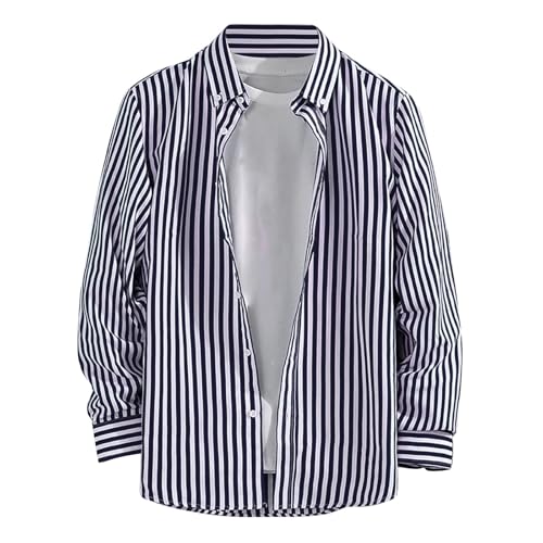 Camisa de hombre Regular Fit de manga larga, camisa de dos colores a rayas con cuello revés y botón de abajo, camisa de ocio de gran tamaño, camiseta de manga larga ligera y cómoda para hombre, camisa