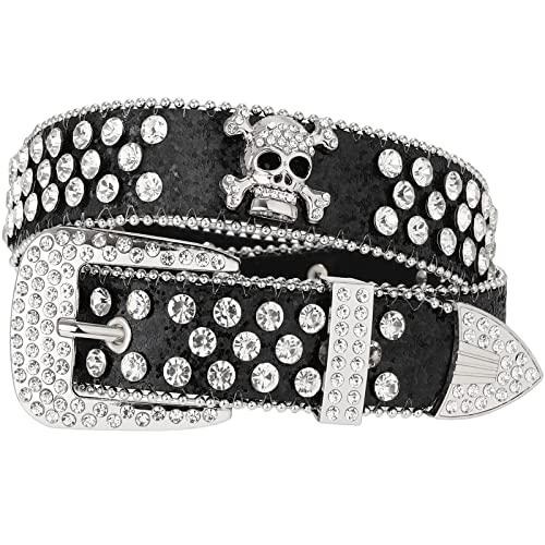 Skull Rhinestone Belt for Men Women, Genuine Leather Bling Diamond Sequin Studded - Main Image