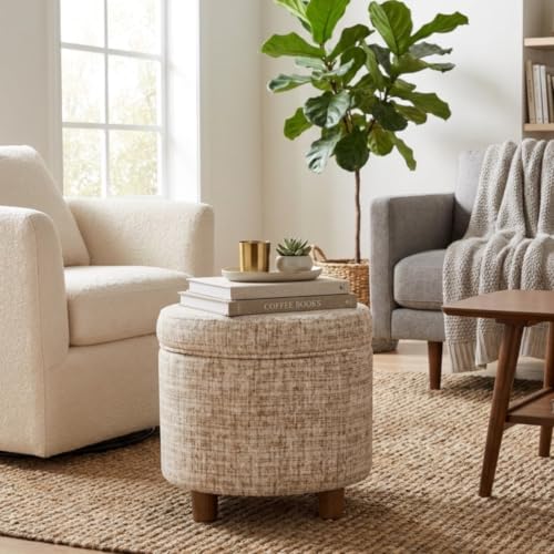 Image of HomePop 19 inch Round Storage Ottoman - Cream Textural Woven