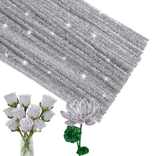 Image of ZXIIXZ 100 Pcs Pipe Cleaners, Glitter Silver Pipe Cleaner Craft Supplies