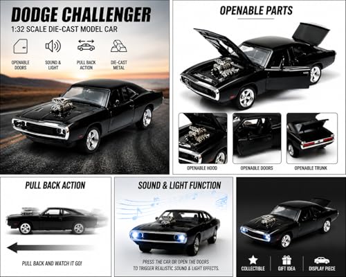 Image of 1970 Classic Muscle Car Diecast Model Car 1:32 Scale - Pull Back Alloy Toy Car with Sound & Light, Openable Doors Hood & Trunk (1:32 - Fast & Furious Dodger Metal Car)