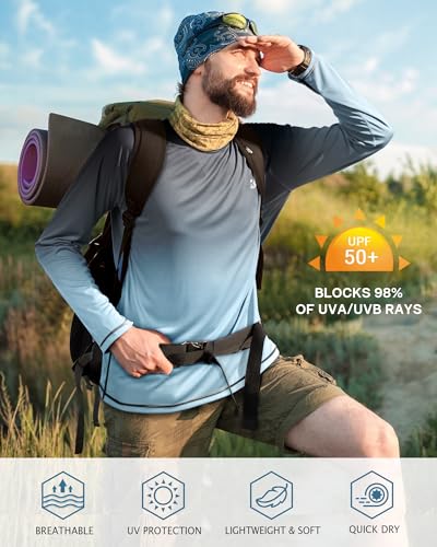Image of Roadbox Mens UPF 50+ UV Sun Protection Shirts Outdoor Long Sleeve SPF Rash Guard for Fishing Hiking Swimming Running