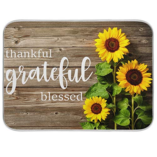 Absorbent Dish Drying Mat Thankful Grateful Blessed Microfiber Reversible Drying Mat for Dishes Pad for Kitchen Counter Sunflowers Decor 18x24 Inch