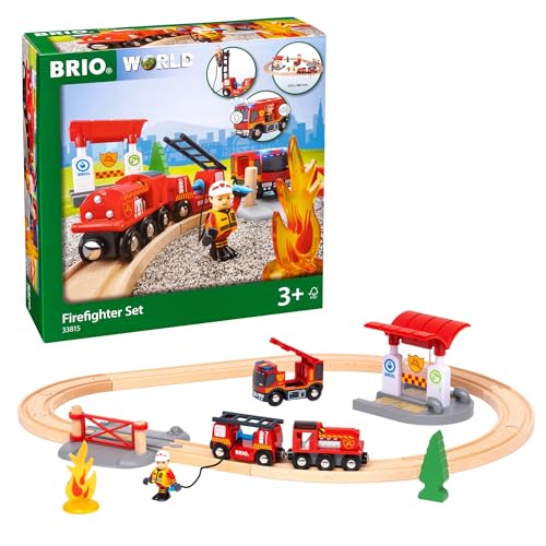 BRIO 33815 Rescue Firefighter Set | 18 Piece Train Toy with a Fire Truck, Accessories and Wooden Tracks for Ages 3 and Up