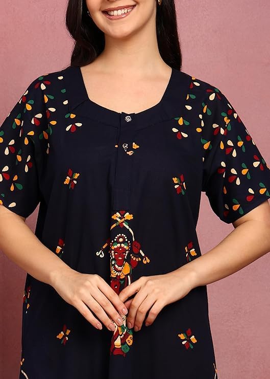 Image of PITINAN Pure Cotton Embroidered Nighty for Women | Maxi Night Gown | Jaipuri Cotton Nightdress with Pocket & Adjustable Knot | Comfortable Sleepwear