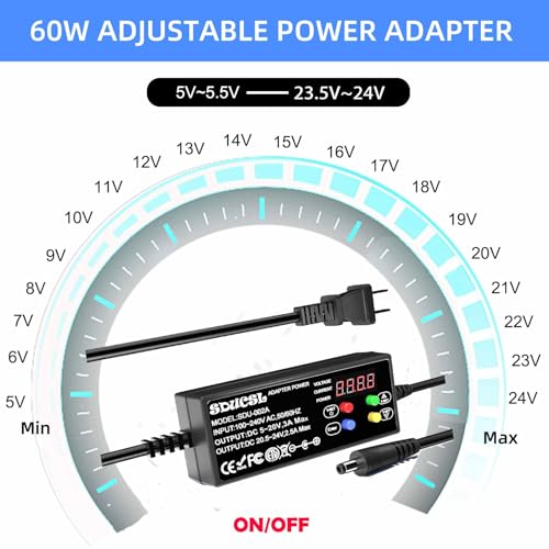 UL-Adjustable DC Power Supply 3A 100-240V Input, 5V/9V/12V/15V/18V/20V/24V Output, 3-Button Control & LED Display for Home, Lab, Industrial Tools (5-24V 4Key)2