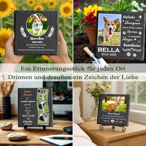 MOMGEGE Personalisierter Tiergrabstein aus Schiefer mit Foto und Text – Grabstein Hund oder Katze, Gedenkstein für Garten und Zuhause – Trauergeschenk bei Tierverlust (013)