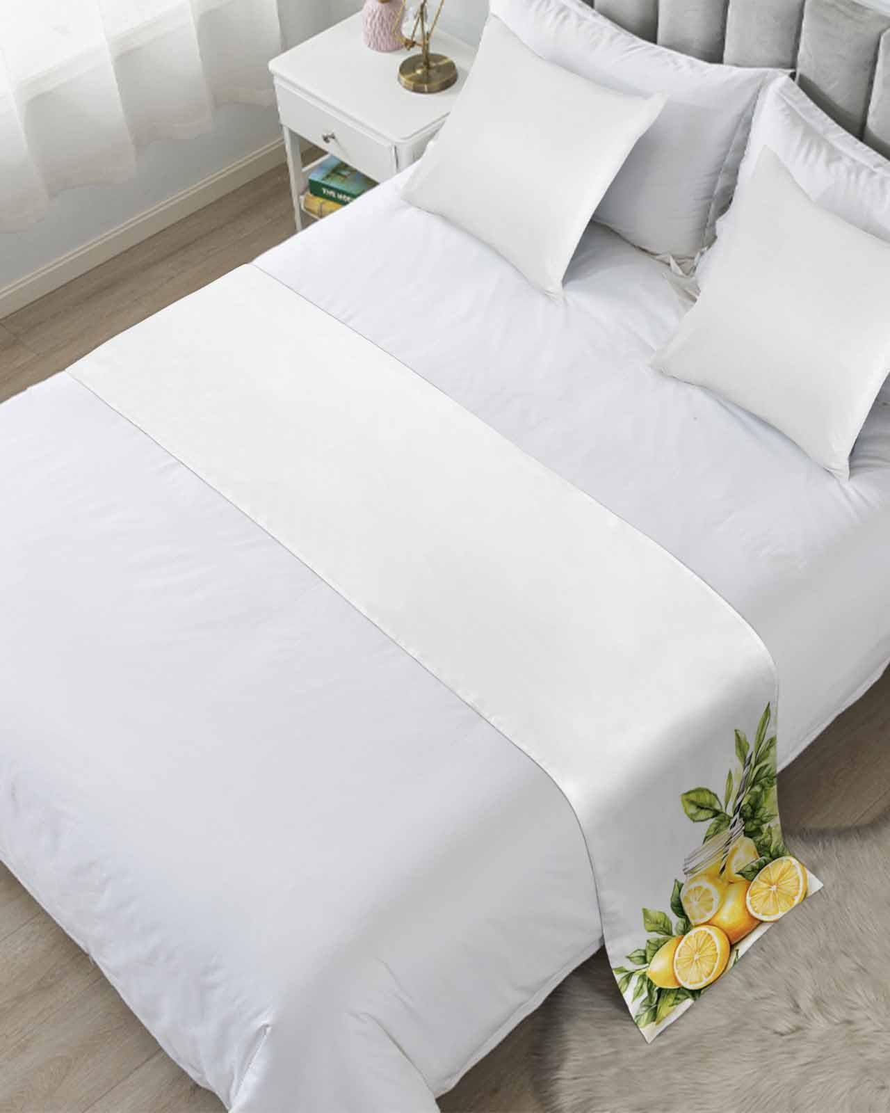 Summer Lemon Bed Runner for King Size, Yellow Fruits Spring Green Leaf Vase Bedspread Protector Slipcover Bed Scarf for Foot Runners & Scarves for Bedroom Hotel Wedding Room 102x20 Inches