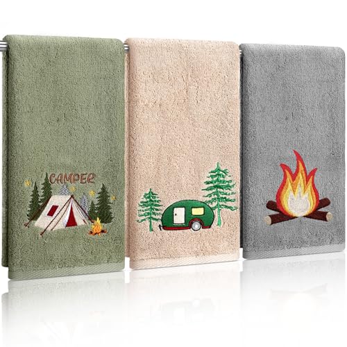 SmoothNovelty 3 Pcs Camping Hand Towels for Bathroom 100% Cotton Decorative Embroidered RV Hand Towels Farmhouse Campers Bathroom Decor 14 x 29 Inch Rustic Vintage Gifts for Camping RV Kitchen