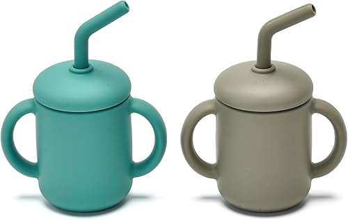 Paquete de 2 tazas para beber 100% silicona para bebé, taza pequeña de entrenamiento de silicona con asas y popote para bebés y niños pequeños Gris,