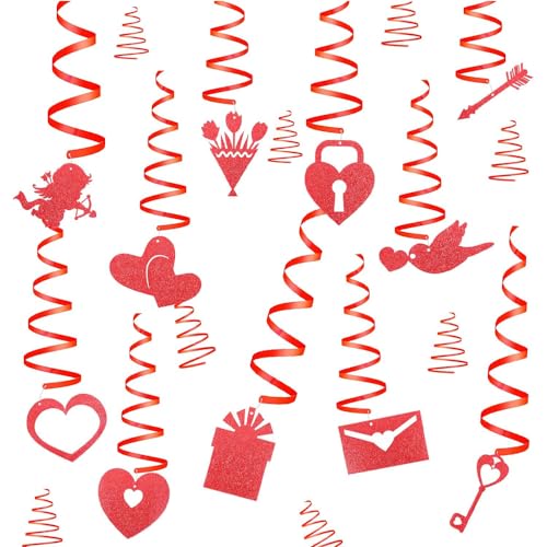Image of Festiko Cardstock 11 Pcs Valentine's Day Hanging Swirl Decorations (Swirls 2), Red Hearts Swirls For Love Decoration