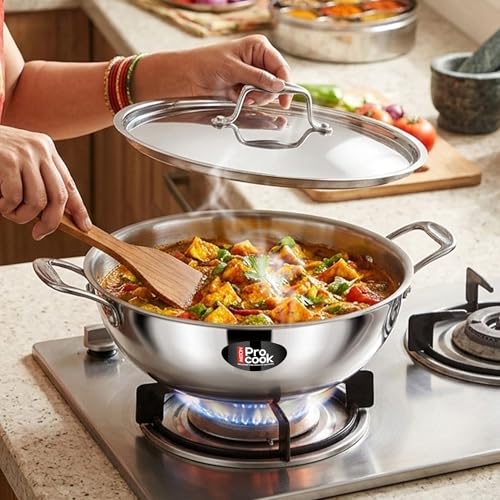 Image of Milton Pro Cook Induction Cookware & Gas Stove Friendly Triply Stainless Steel Kadhai with Lid 36 cm /9.8 Litre | 3-Layer Thick Base | Even Heat | Less Oil Healthy Cooking | Deep Fry | 3Y Warranty