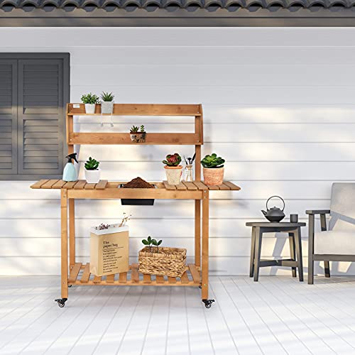 Vingli Outdoor Potting Bench Table With Wheels, Garden Potters Work Bench Station, Patio Planting Bench Workstation With Removable Sink & Storage Shelves, Solid Wood, For Garden Supplies #TOP5